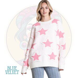 15V BLUE VELVET Thick Textured Star Graphic White Sweater with Pink